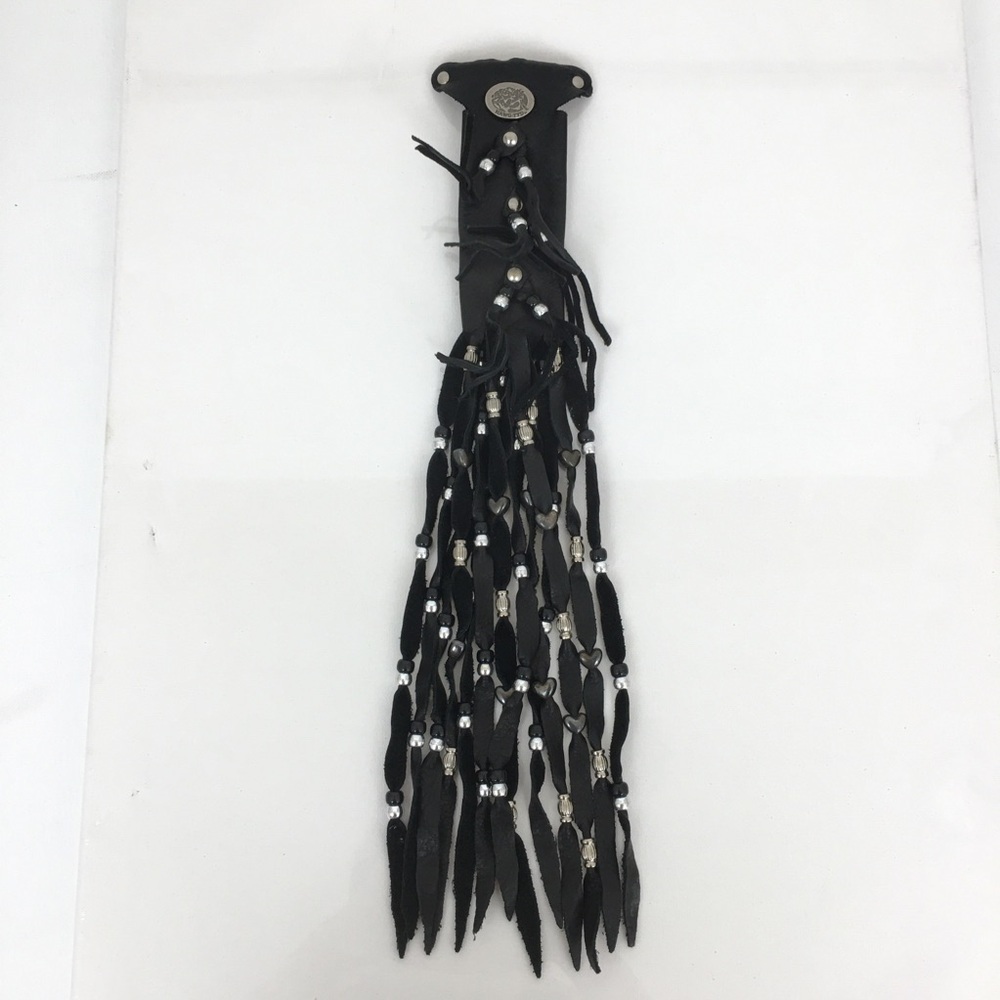 Black Leather Motorcycle Hair Ponytail Braid Wrap Barrette Beaded Fringe Biker